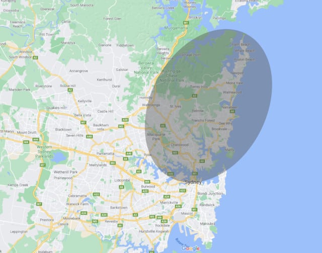 Service Area Map for EZE-Flow, basically, Sydney's North Shore and Northern Beaches suburbs